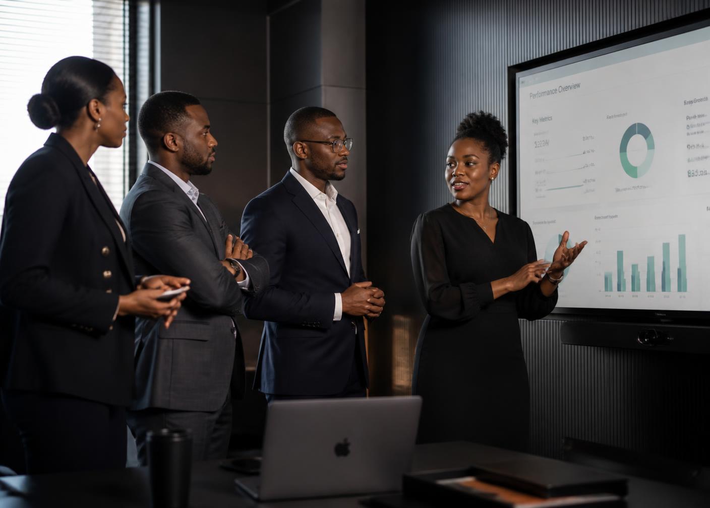 A management team reviewing organizational diagnostic findings