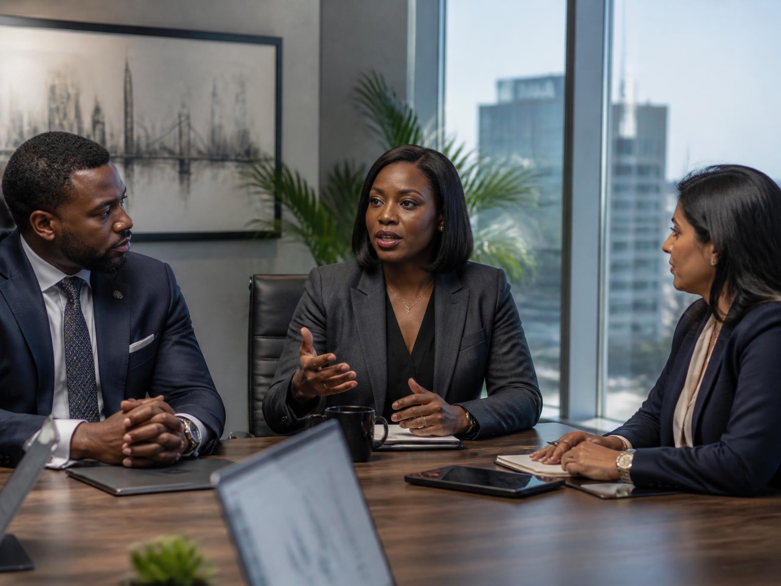 A Nigerian executive leading a strategy session with her senior leadership team